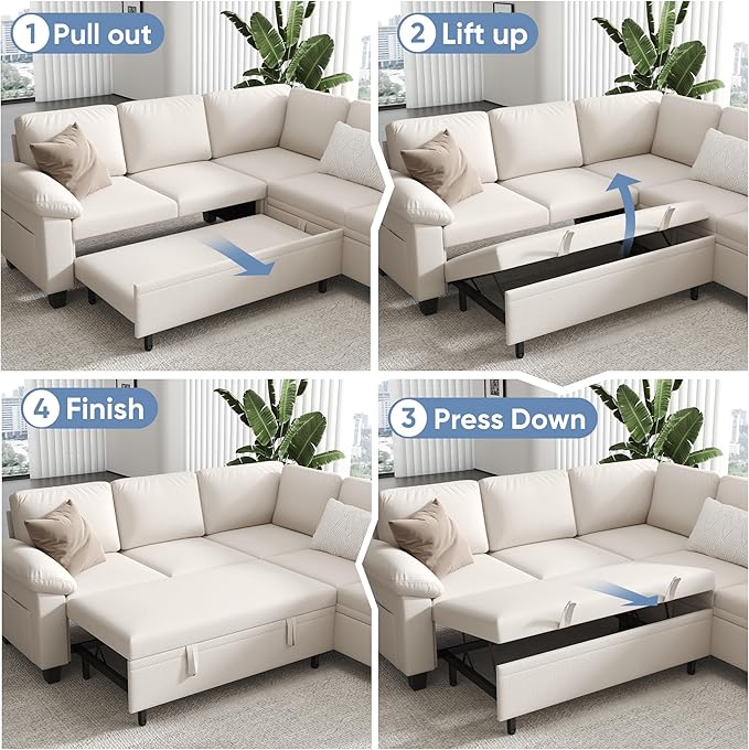 76.8" Modular Sectional Sleeper Sofa with Pull Out Bed,U Shaped 5 Seat Sectional Sofa with Storage,Modular Couch for Living Room,Deep Seat Couch with Removable Sofa Cover,Beige