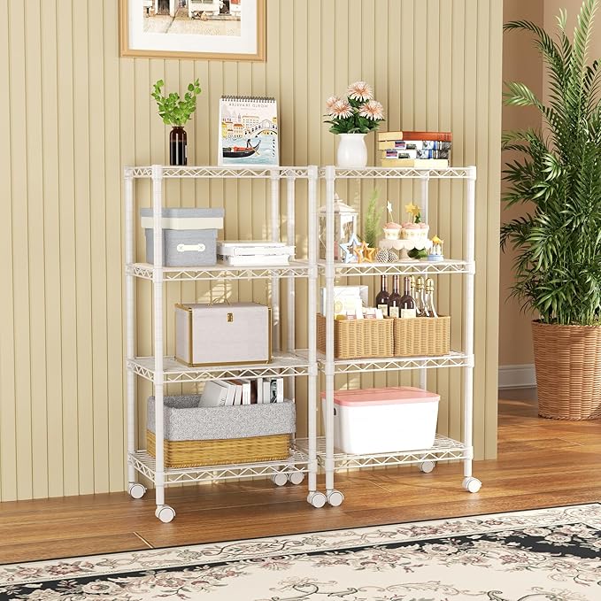 SINGAYE 4 Small Shelves Storage Shelf Wire Shelving Unit Metal Shelf Adjustable Organizers Storage Shelving with Wheels for Bathroom Laundry Room Kitchen Pantry