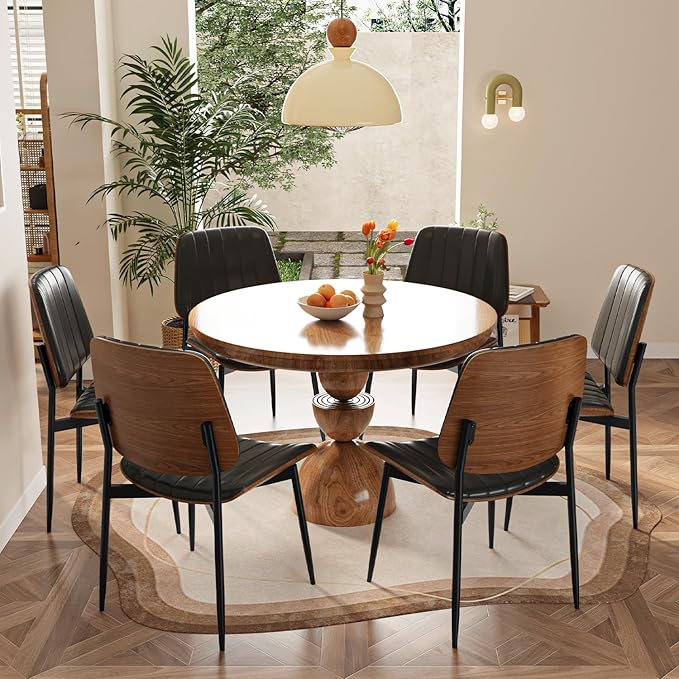 Modern Green Leather Dining Chair Set of 6, Bentwood Backrest & Black Metal Frame Ergonomic Comfort, Sustainable Style, Multi-Space Versatile, Black