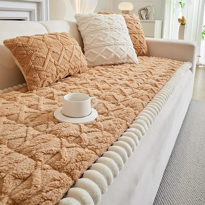 Couch Cover for Dogs Fuzzy Sofa Covers for Pet, Geometric Jacquard Coral Pet-Friendly Washable Non-Slip Sofas Slipcover Cushion Protector Pets Mat Dog Bed Mats