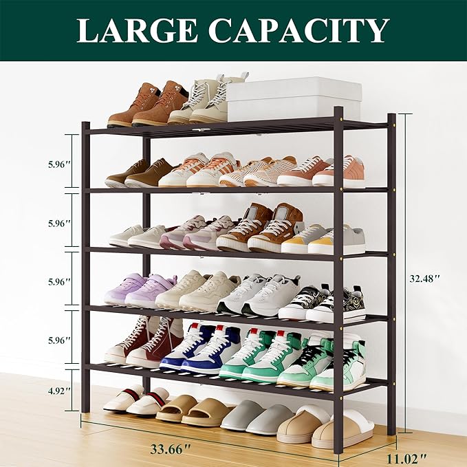 Smiry Shoe Rack, 5 Tier Long Bamboo Shoe Organizer, Stackable Free Standing Wooden Shoe Storage Shelf for Closet, Entryway, Front Door Entrance, Brown