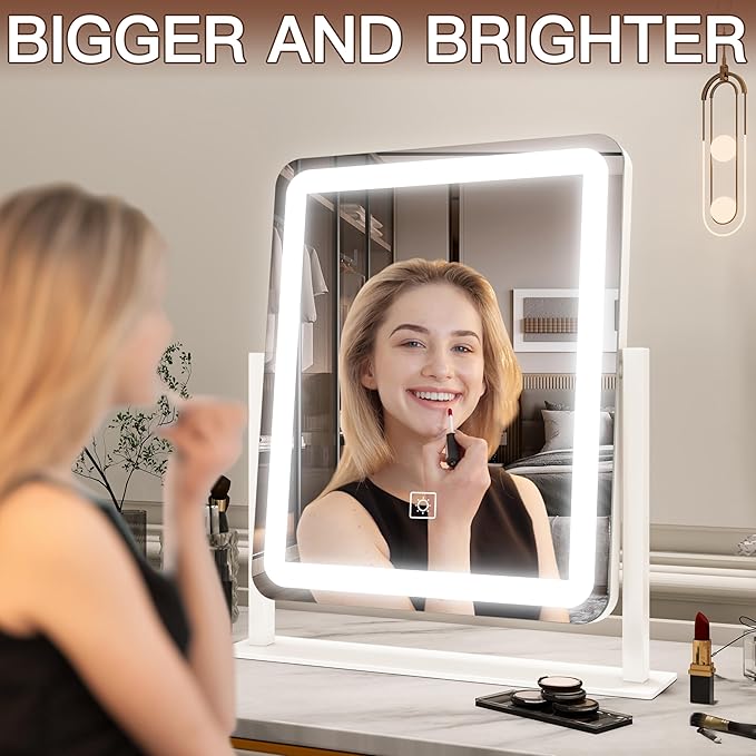 FENNIO Vanity Mirror with Lights - 15"x12.6" LED Lighted Makeup Mirror, Large Makeup Mirror with Lights, Touch Screen with 3-Color Lighting, Dimmable, for Vanity Desk Tabletop, Bedroom