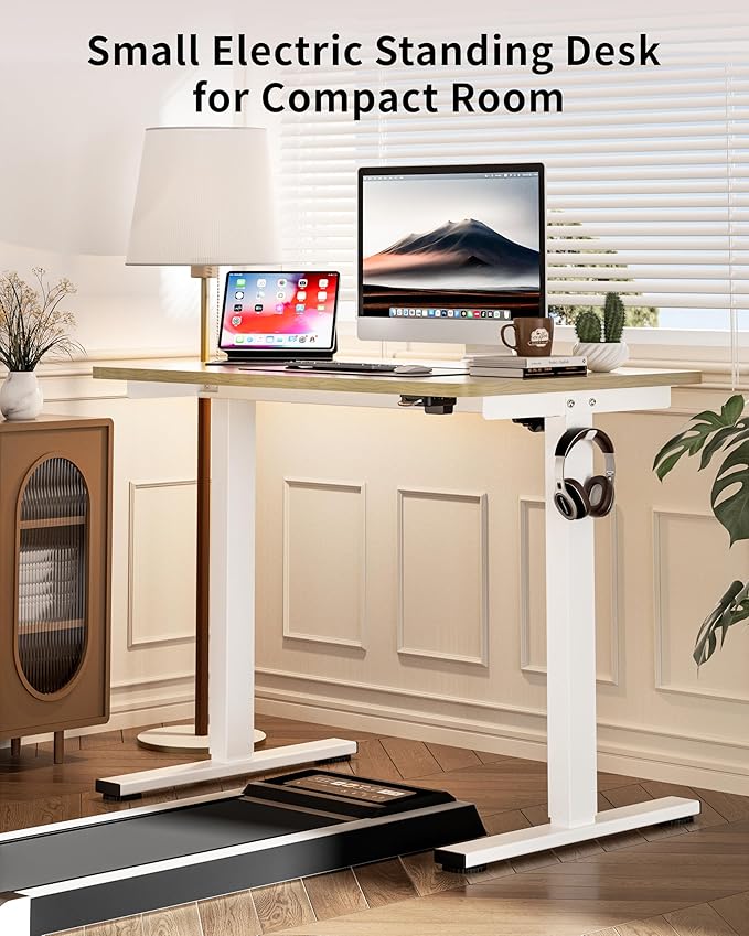 Okin Small Electric Standing Desk, 36" x 24" Whole Piece Height Adjustable Desk, Oak Sit to Stand Computer Workstation for Home Office