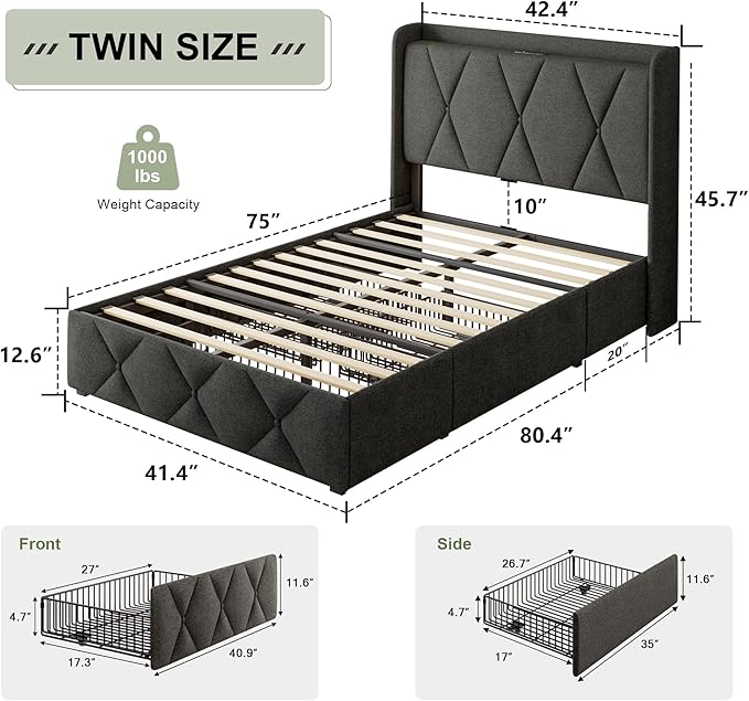 Feonase Twin Bed Frame with 3 Storage Drawers, Upholstered Platform Bed with Charging Station, Wingback Storage Headboard, Heavy Duty Wooden Slats, No Box Spring Needed, Easy Assembly, Dark Grey