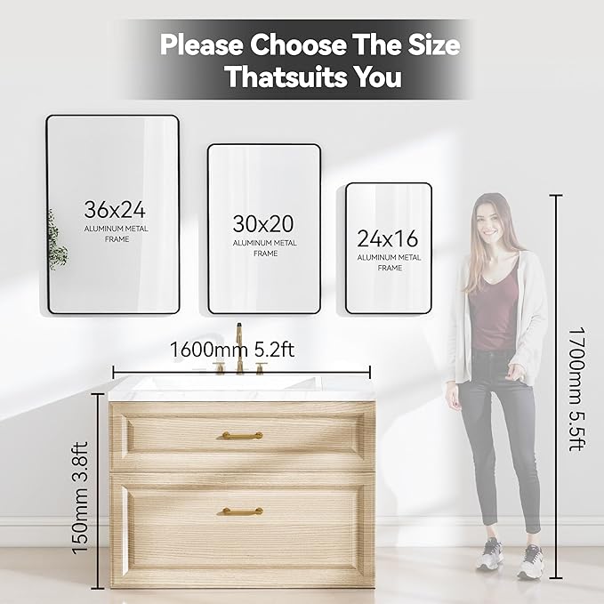 20x30 Rectangle Mirror Full Length Wall Mounted Hanging or Against Wall Metal Frame Dressing Make-up Mirrors for Entryway Bedroom Bathroom Living Room 20 30 inch Black