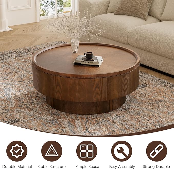 Round Coffee Table with Storage 30.7" Handcraft Drum Wooden Center Table Mid Century Modern Coffee Table Luxury Wood Circle Tea Table for Living Room Apartment, Small Space (Brown)