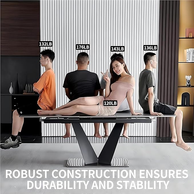 79" Modern Dining Table for 6-8 People, Gray Extendable Sintered Stone Top with V-Shaped Carbon Steel Base for Dining Rooms (1Table+4Chairs)