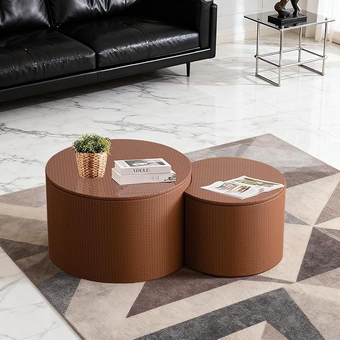 Round Nesting Coffee Table Set of 2, Round Fluted Coffee Tables with Storage for Living Room Leather Veneer Modern Nesting End Side Tables for Small Spaces (A Storage Brown)