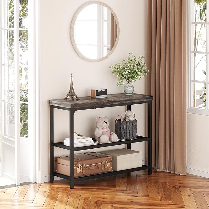 32" Small Console Table with Storage, 3-Tier Narrow Entryway Table, Sturdy Sofa Table with Mesh Shelves, Console Tables for Living Room, Bedroom, Hallway, Entryway, Foyer, Oak Grey