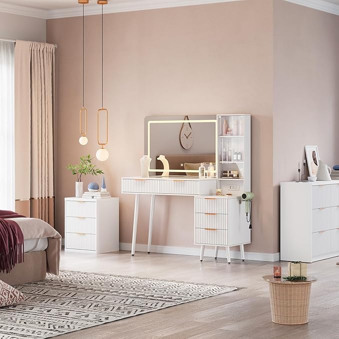 GarveeHome Fluted Makeup Vanity Desk with Lights, 48 in Big Vanity with Glass Top and Large 36" HD Lighted Mirror, Modern Dressing Table with 5 Drawers 3-Tier Shelves Set w/Charging Station (White)