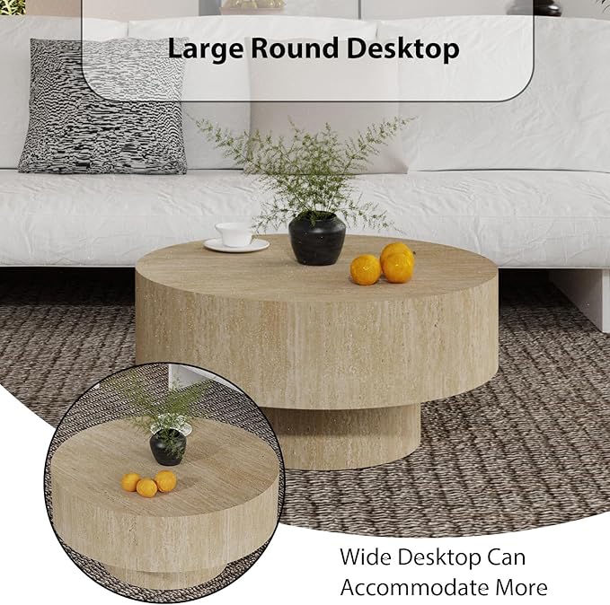 Round Coffee Table, Handcrafted Fluted Drum Coffee Tables Modern Wood Coffee Table Circle Drum Center Table for Living Room, Apartment (Travertine Round)