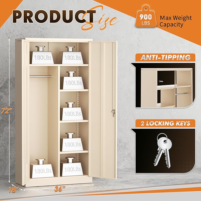 INTERGREAT Metal Wardrobe Closet, 72" Locking Storage Wardrobe Cabinet with Doors and Shelves, 18 "D Steel Clothes Storage for Office, Home, School, Gym (Warm Grey)