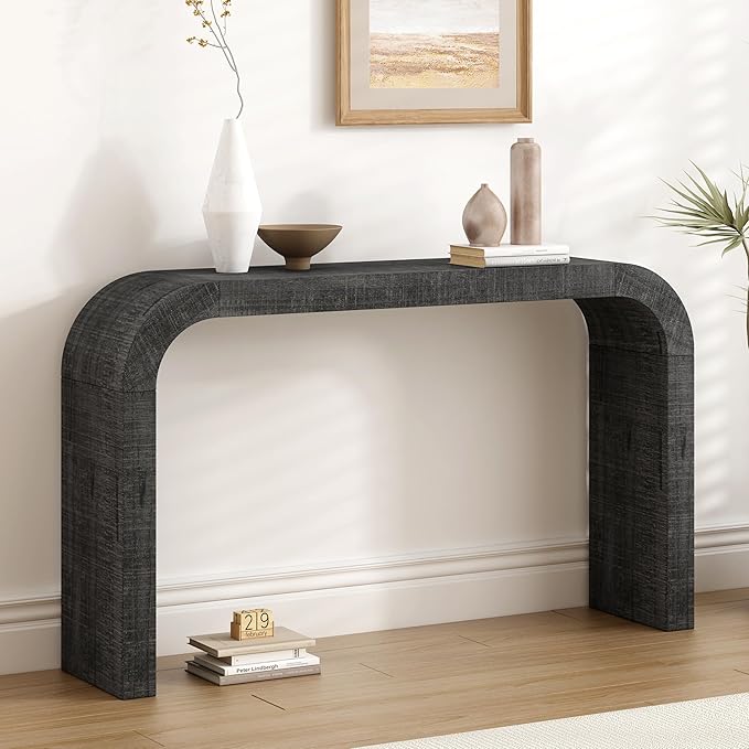 Modern Curved Console Table 52-Inch Narrow Entryway Sofa Table for Living Room Entrance Hallway Furniture, Distressed Black