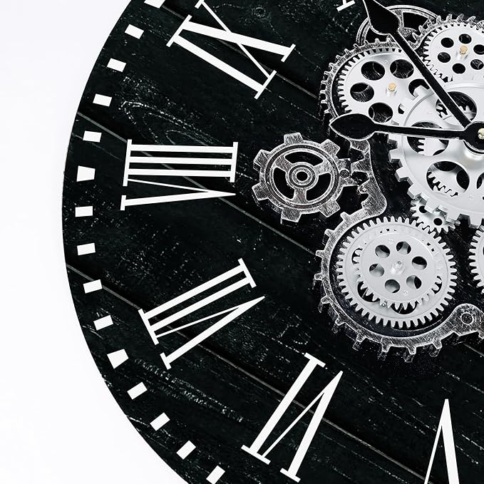 Lafocuse 23 Inch Wooden Large Wall Clock with Moving Gears, Roman Numeral, Black, Unisex