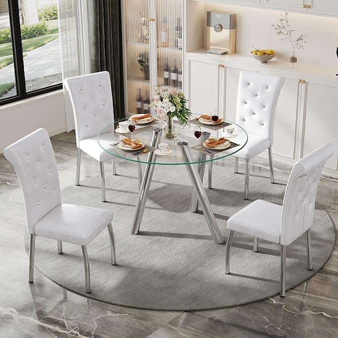 35" Round Dining Table for 4, Modern Round Glass Dining Table with Metal Legs, Round Kitchen Table for Dining Room Home Office Small Spaces