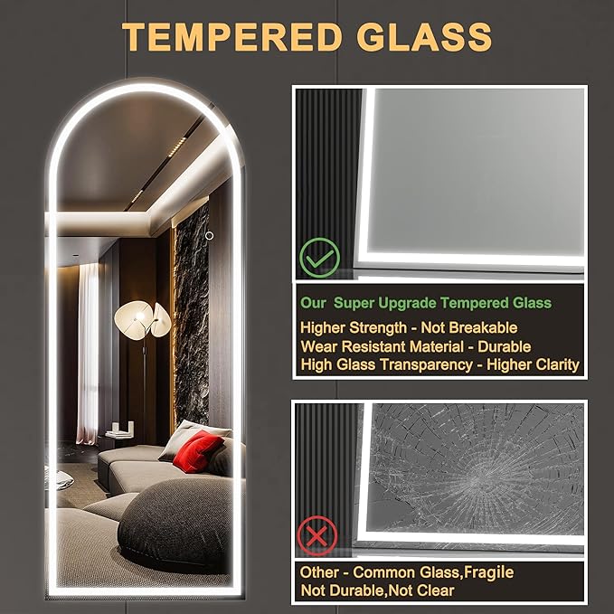 Hasipu 71" x 24" Led Mirror Full Length, Arch Full Length Mirror with Lights, Full Body Glass Mirror with Stand and LED,Tempered Glass,Shatter-Proof, Dimming & 3 Color Modes for Bedroom Cloakroom-UL