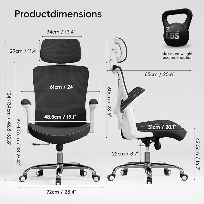 Office Home Ergonomic Desk Chair-Computer X-Shaped Chair Mesh PU Leather with Adjustable Lumbar Support-Executive Chair High Back with Headrest Flip-Up Arms for Long Hours (Light Black)
