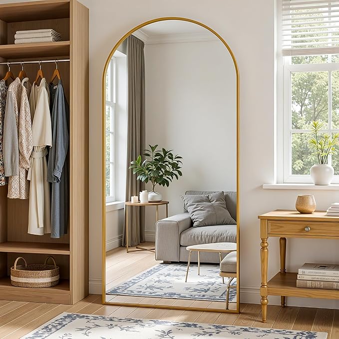 Full Length Mirror, 71"x32" Arched Full Body Mirror, Floor Mirrors with Stand, Body Mirrors Standing Hanging Leaning Against Wall,Aluminum Frame Mirrors for Bedroom Cloakroom,Living Room,Gold
