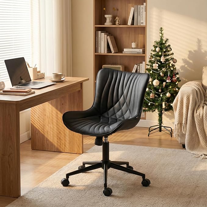 YOUNIKE Office Chair, Armless Desk Chair with Wheels, Home Office Computer Task Chairs, Modern Faux Leather Padded Vanity Chair, Adjustable Swivel Rocking Chair with Back, Black