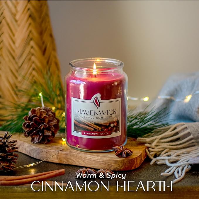 Havenwick Cinnamon Hearth Soy Blend 22-oz Large Jar Candle, Long Lasting 110-130 Hour Burn Time with Single Cotton Wick, Perfect Holiday Cinnamon Scented Candles for New Home Gift & Christmas Gift