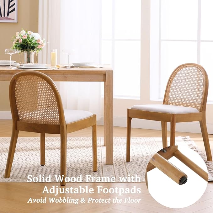 LukeAlon Linen Dining Chairs Set of 2, Natural Woven Cane Back Side Chairs with Solid Wood Legs Mid Century Dinner Chairs for Kitchen Living Room, Beige
