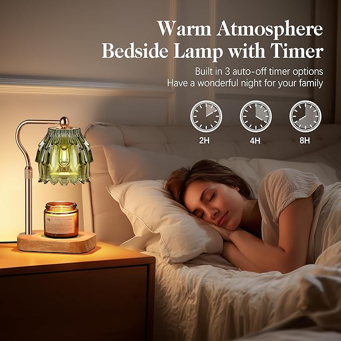 Candle Warmer Lamp with Timer Dimmer, Modern Wax Warmer for Scented Wax Jar Candle Warmer with 2 Bulbs, Adjustable Height Glass Lamp for Gifts for Women, House Warming Gifts, Home Decor, Gold Green