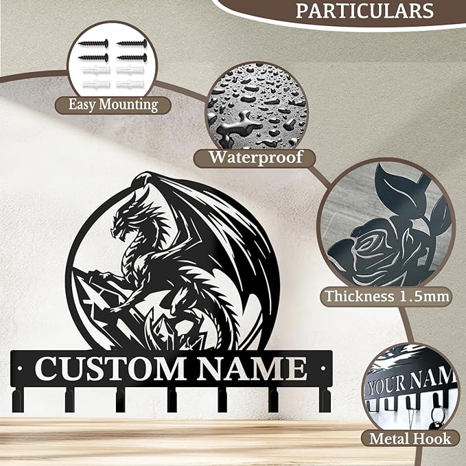 Customized Name Key Hook - Evil Dragon Design Keys Holder Decor Black Iron Metal Wall Organizer for Home & Office (Multiple Sizes) (Style B)