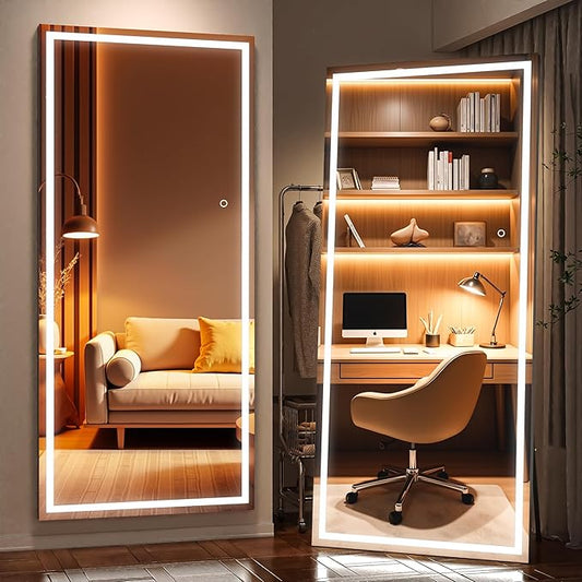 Full Length Mirror with Lights, 79" x 36" Large LED Lighted Floor Standing Body Mirror, Dimmable & 3 Color Lighting for Bedroom, Cloakroom, Dressing Room, Leaning & Hanging, Square Black