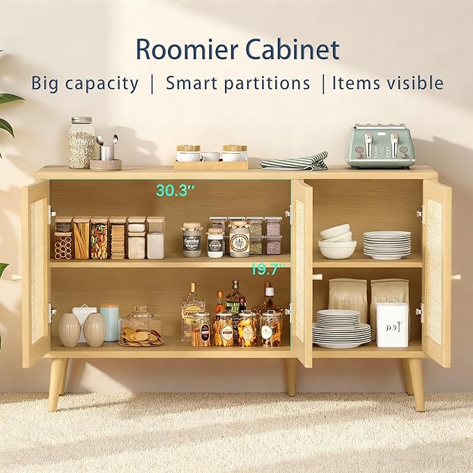 47" Rattan-Door Sideboard Cabinet with Shelf, 3-Door TV Stand Credenza Buffet with Generous Storage, Modern Accent Cabinet for Living Room & Kitchen, Natural Oak