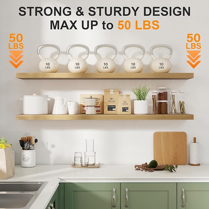 Fun Memories 55 Inch Floating Shelves for Wall 2 Pack Shelves for Bedroom|Kitchen|Bathroom Wall Mounted Rustic Wood Floating Shelf with Invisible Brackets for Books|Storage|Decor, Oak