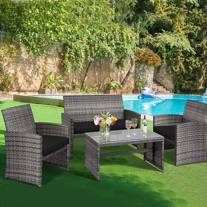 Tangkula 4 PCS Wicker Patio Conversation Set, Outdoor Rattan Sofas with Table Set, Patio Furniture Set with Soft Cushions & Tempered Glass Coffee Table for Poolside Balcony