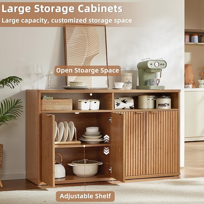 LEYAOYAO Fluted Buffet Cabinet with Storage, 55" Wide Wood Sideboard Credenza with 4 Doors & Open Storage Shelf, Modern Kitchen Console Accent Cabinets, Coffee Bar Table for Dining Room, Tea Brown