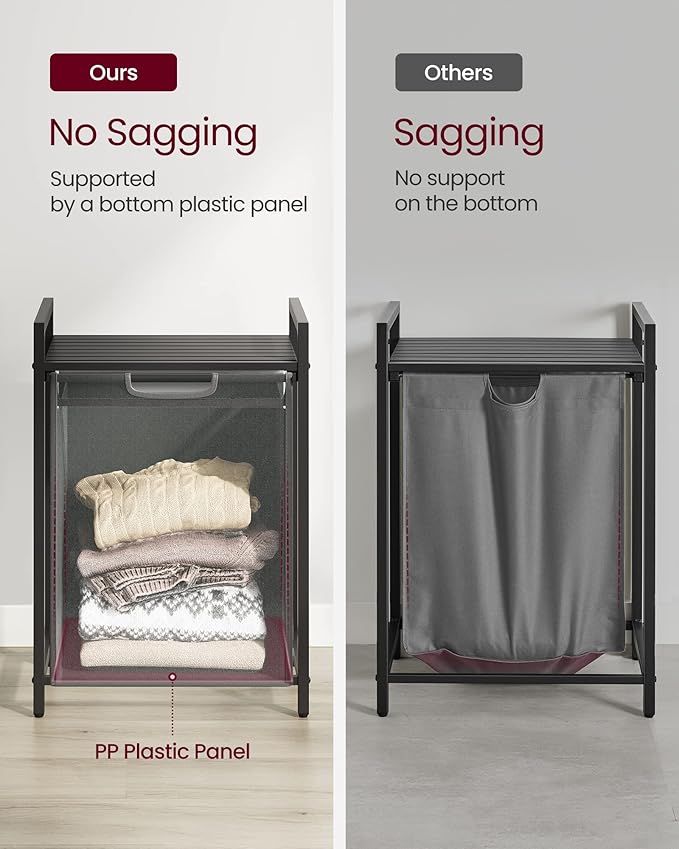 VASAGLE Laundry Hamper, Laundry Basket, Laundry Sorter with A Pull-Out and Removable Bag, Shelf, Metal Frame, 17.2 Gallons (65 L), 19.7 x 13 x 28.4 Inches, Gray and Black UBLH101G01
