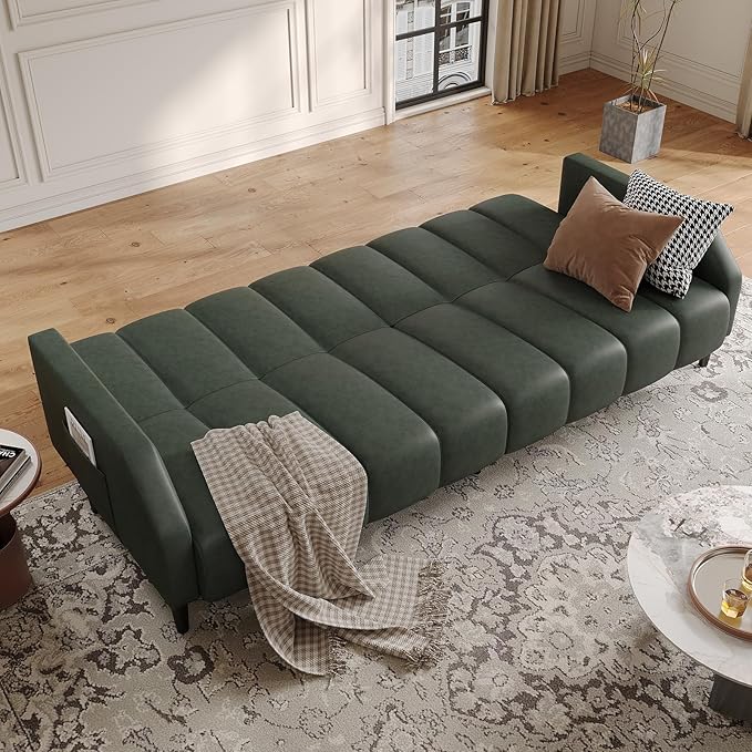 Fadware Faux Leather Couch, Convertible Futon Sofa Bed with Adjustable Backrest, Mid Century Leather Sofa Loveseat with Side Pockets& Metal Leg, Modern Leather Sleeper Sofa for Living Room Bedroom
