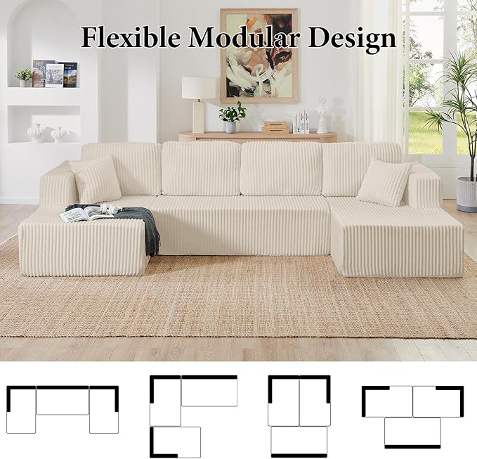 134 Inch Cloud Sectional Couch with L-Shape Chaise,Modern Upholstered Couches with Deep Seat,Corduroy Sponge Compressed Sofa for Living Room,No Assembly Required (Off White, U-Shaped Sofa)