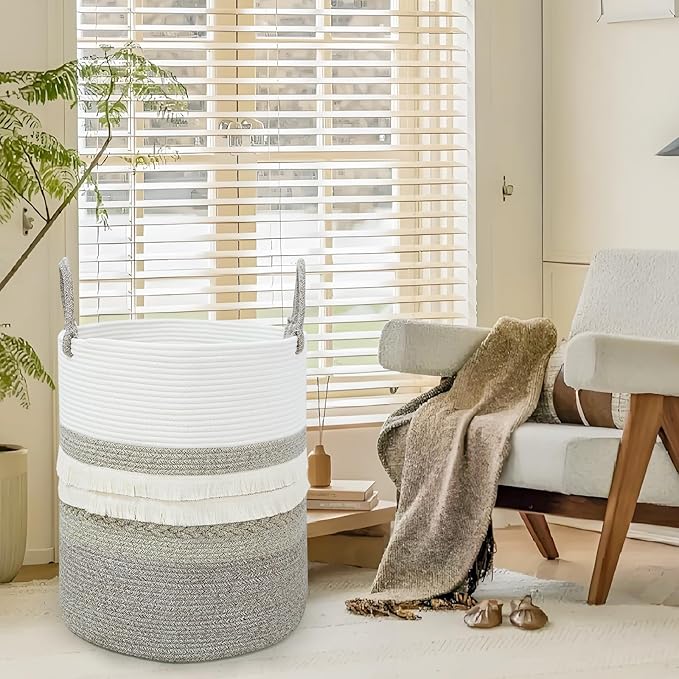 danpinera 79 L Large Laundry Basket, Tall Woven Cotton Storage Hamper with Handles, Dirty Clothes Hamper in Bathroom, Decorative Storage Basket for Living Room Gradient Brown