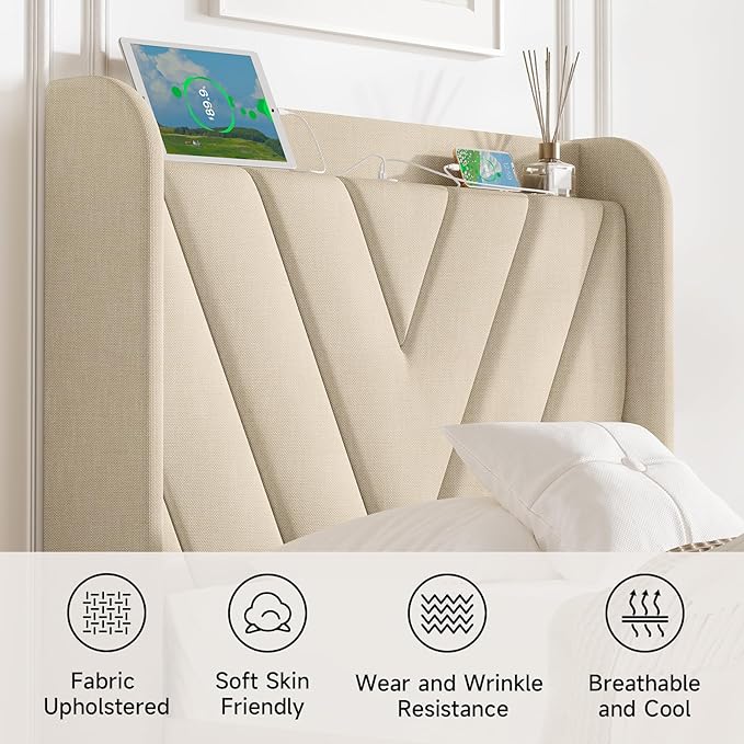 koorlian Twin Size Bed Frame with Headboard, Adjustable Upholstered Platform Bed Frame with Type-C&USB Ports for Kids, Wingback Storage Headboard, Solid Wood Slats Support, No Box Spring Needed, Beige