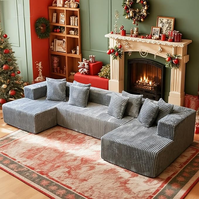 106'' Boneless Couches for Living Room, L Shaped Modular Sectional Sofa with Chaise Lounge, Faux Rabbit Fur & Layered Cushion Deep Seat Cloud Couch, No Assembly (Grey, 130 U Shaped)