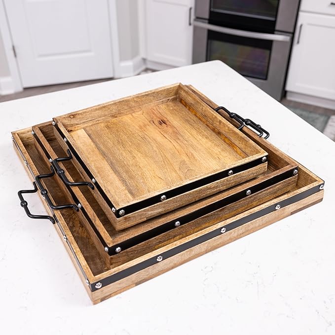 24"x24" Extra Large Square Ottoman Tray, Heavy Duty Mango Wood, for Serving Tea, Breakfast in Bed, Living Room Large Coffee Table Tray Rustic with Farmhouse Style, Decorative Handles and Accent Strap
