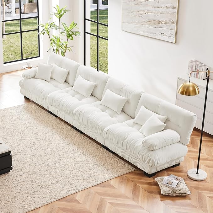 173.2" Oversized Couch, 4 Seater Modular Sectional Sofa, White Sectional Fluffy Couch Set, Chenille Cloud Couch with 6 Pillows, Deep Seat Sofas for Living Room