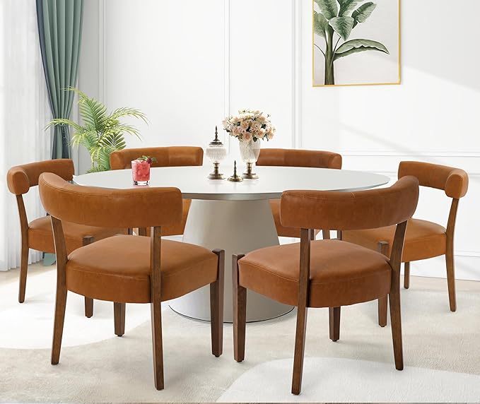 Faux Leather Dining Chairs Set of 6 Upholstered Kitchen & Dining Room Wooden Chairs Mid Century Modern Dining Chairs Low Back, Brown