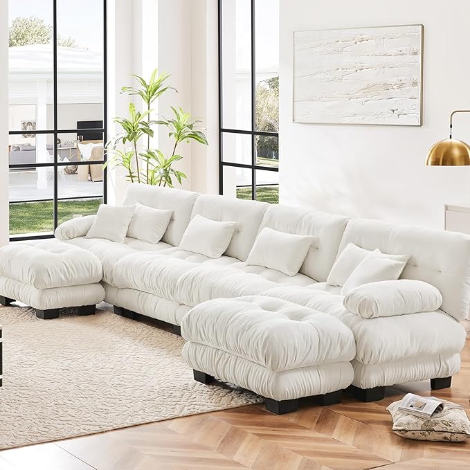 173.2" Oversized Couch, 4 Seater Modular Sectional Sofa, White Large U Shaped Sectional Fluffy Couch Set, Chenille Cloud Couch with Ottoman, Deep Seat Sofas for Living Room