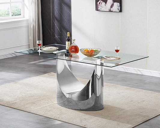 HomVent Modern Rectangle Glass Dining Table, 70''L x 35.4''W x 30''H, Silver With U Base, Clear Tempered Glass Top, Stainless Steel Base