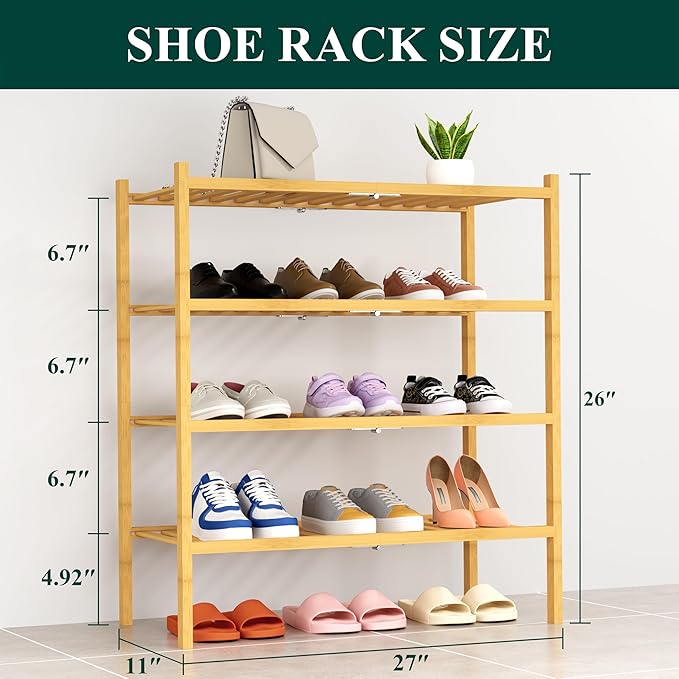 Smiry Shoe Rack, 4 Tier Thick Bamboo Shoe Organizer, Stackable Free Standing Wooden Shoe Storage Shelf for Closet, Entryway, Front Door Entrance, Natural