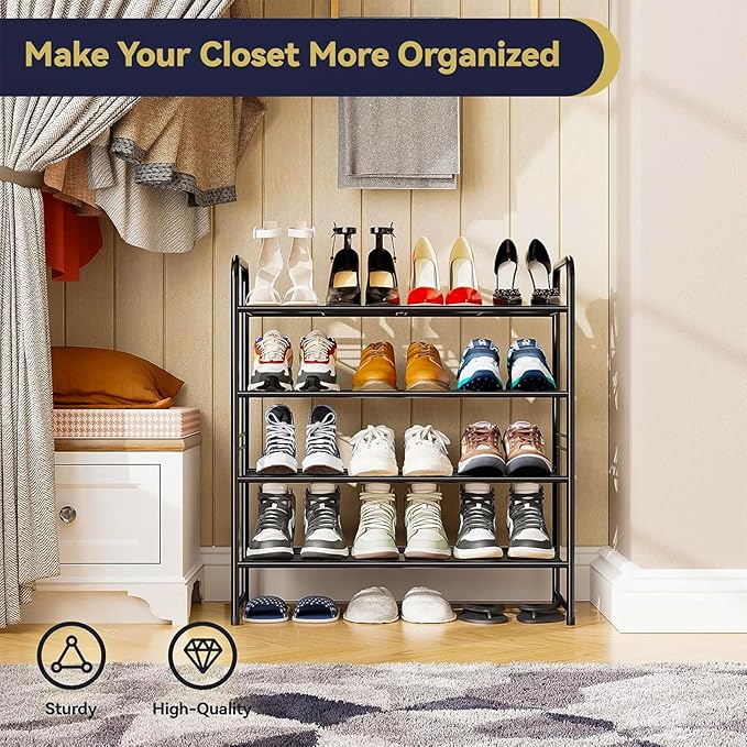 Stackable Shoe Rack, 4 Tier Closet Metal Shoe Organizer for Storage Shelf for Entryway, Bedroom, Holds up to 20 Pairs Shoes, Black