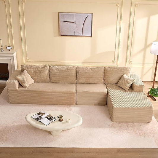 138" Boneless Couch with Deep Seat, Modular Sectional Sofa, Cloud Sectional Couch for Living Room, No Assembly Required, Corduroy, 4 Seater L-Shape Right, Camel