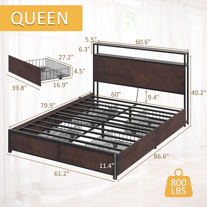 Lifezone Queen Bed Frame with 2-Tier Storage Headboard, Metal Platform Bed Frame with 4 Storage Drawers, Built in Charging Station & LED, Noise-Free/Metal Support/No Box Spring Needed, Coffee Brown