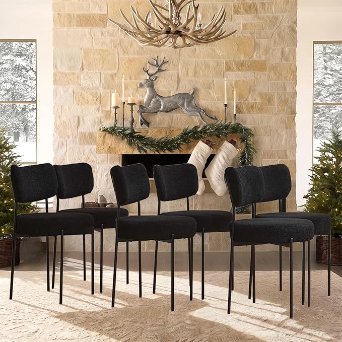 Black Boucle Dining Chairs Set of 6, Upholstered Dinner Chair with Metal Frame, Dining Room Chairs with Padded Seat, Round Modern Seating for Living Room