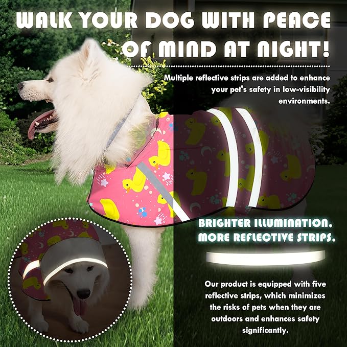 Dog Raincoat, Adjustable Dog Rain Jacket with Clear Hooded Double Layer for Large Medium Small Dogs Puppies, Waterproof Rain Coat Poncho Duck, Pink-L