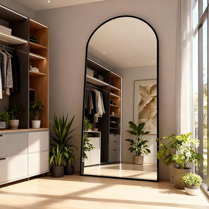 Arched Full Length Mirror,76" L x 34" W Floor Mirror, Aluminum Alloy Frame, Shatterproof Glass - Free Standing, Leaning or Wall Mounted for Bedroom, Living Room, Entryway, Modern Home (Black)